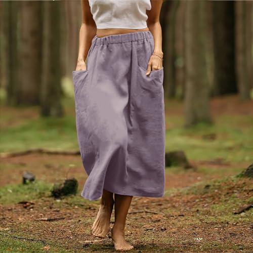 Women's Linen Midi Skirt Summer Cotton Pleated Flowy Elastic High Waisted Skirts Casual Loose Skirt with Pockets3