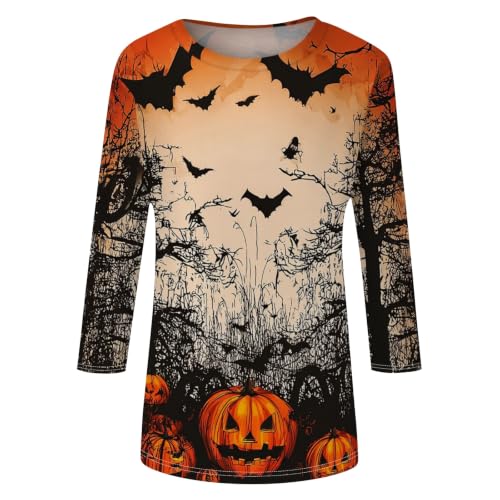 Image of Women Spooky Halloween Graphic Shirt 3 /4 Length Sleeve Crewneck Top | Halloween Funny Printed Pumpkin Plus Size Tshirts 2026 Fall Outfits Skeleton Tee Going Out Tops