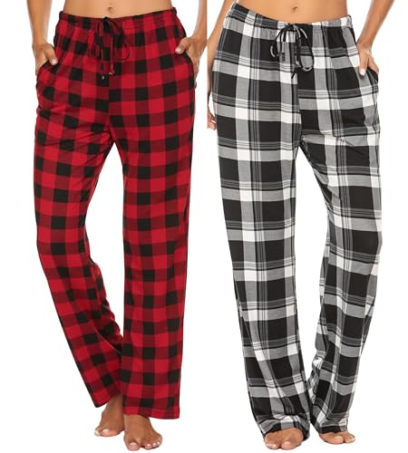 Ekouaer 2-pack pyjamasbyxor dam långa pyjamasbyxor nattkläder fritidsbyxor pyjamas strandbyxor rutig/enfärgad sovbyxor med fickor och dragsko röd svart vit L, GP1, XXL