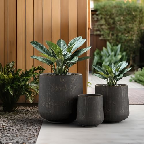 Image of Kante Set of 3 Vintage BRN Concrete Curved Planters 16.5 inch 13 inch 9.4 inch Dia | Drainage for Outdoor, Rubber Plug for Indoor Home, All-Weather Cement Pot, Handcraft, Lightweight & Durable, Anti-UV, Round