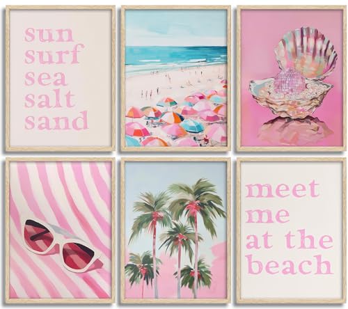 KKP Pink Coastal Poster Set of 6 Preppy Beach Themed Wall Art Beachy Painting Picture Wall Decor Shell Palm Trees Beach Umbrella Ptint Artwork for Teen Girls Dorm Bedroom Apartment 12x16 in Unframed