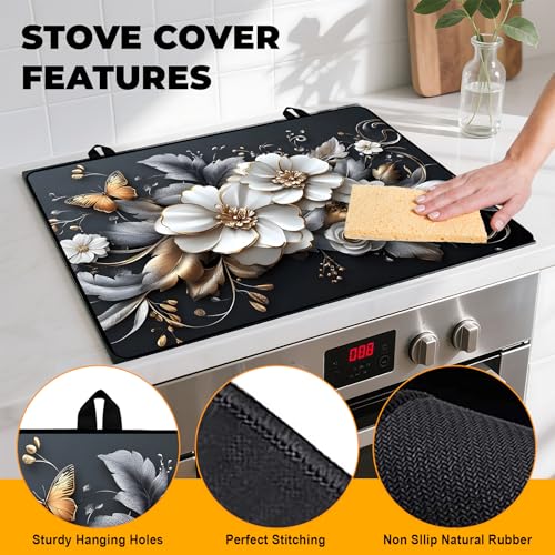Image of White flower Stove Top Cover Retro Flower Gas Stove Top Cover for Home Decoration Kitchen Pad Non-Stick Washable Cooktop Covers Countertop Protector Keep Stove Clean 28 inchx20 inch
