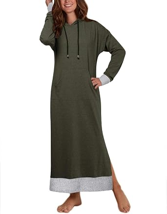 Jacansi Womens Long Sleeve Solid Loose Hooded Sweatshirt Maxi Dress with Pocket
