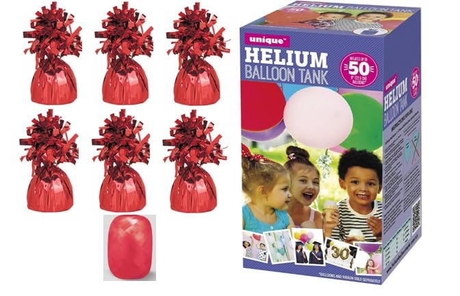 helium balloon canister with balloon weights and Ribbon (Red Weight, Large Canister)
