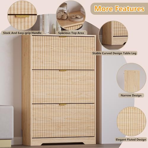 Image of BORNOON Entryway Shoe Cabinet with 3 Flip Drawers, Narrow Shoe Organizer Cabinet with Fluted Panel and Adjustable Shelves for Foyer, Hallway