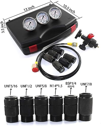 Kit de prueba de presión de nitrógeno, sistema de carga de acumulador hidráulico con manómetro, 3 calibres, 7 acoplamientos y 1 manguera de gas