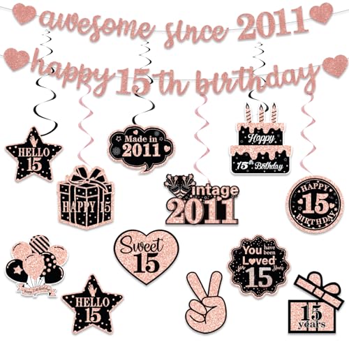 Pre-Strung 15th Birthday Banner Decorations for Girls Glitter Rose Gold Happy 15th Birthday Hanging Swirls Party Supplies Decor