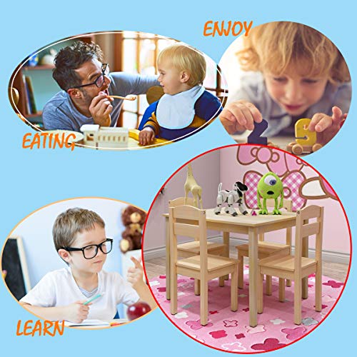 Image of Nightcore Kids Wooden Table and 4 Chair Set, Activity Table Chair Set for 2 to 6 Years, Toddler Game, Playroom Furniture, Picnic Table w /Chairs, Solid Wood 5 Piece Dining Table Set (Natural)