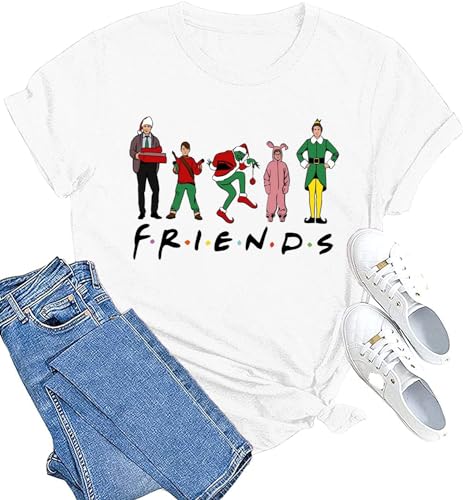 Christmas Friends Shirts Women Funny Cartoon Graphic T-Shirt Christmas Movie Tee Xmas Holiday Party Casual Tops Blouse, White, XXL