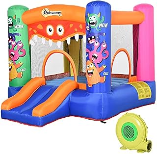 Outsunny 3-in-1 Kids Bouncy Castle with Slide Trampoline Basket, Inflatable Bounce House with Blower for Kids Age 3-8 Monster Design 2.5 x 1.8 x 1.75m