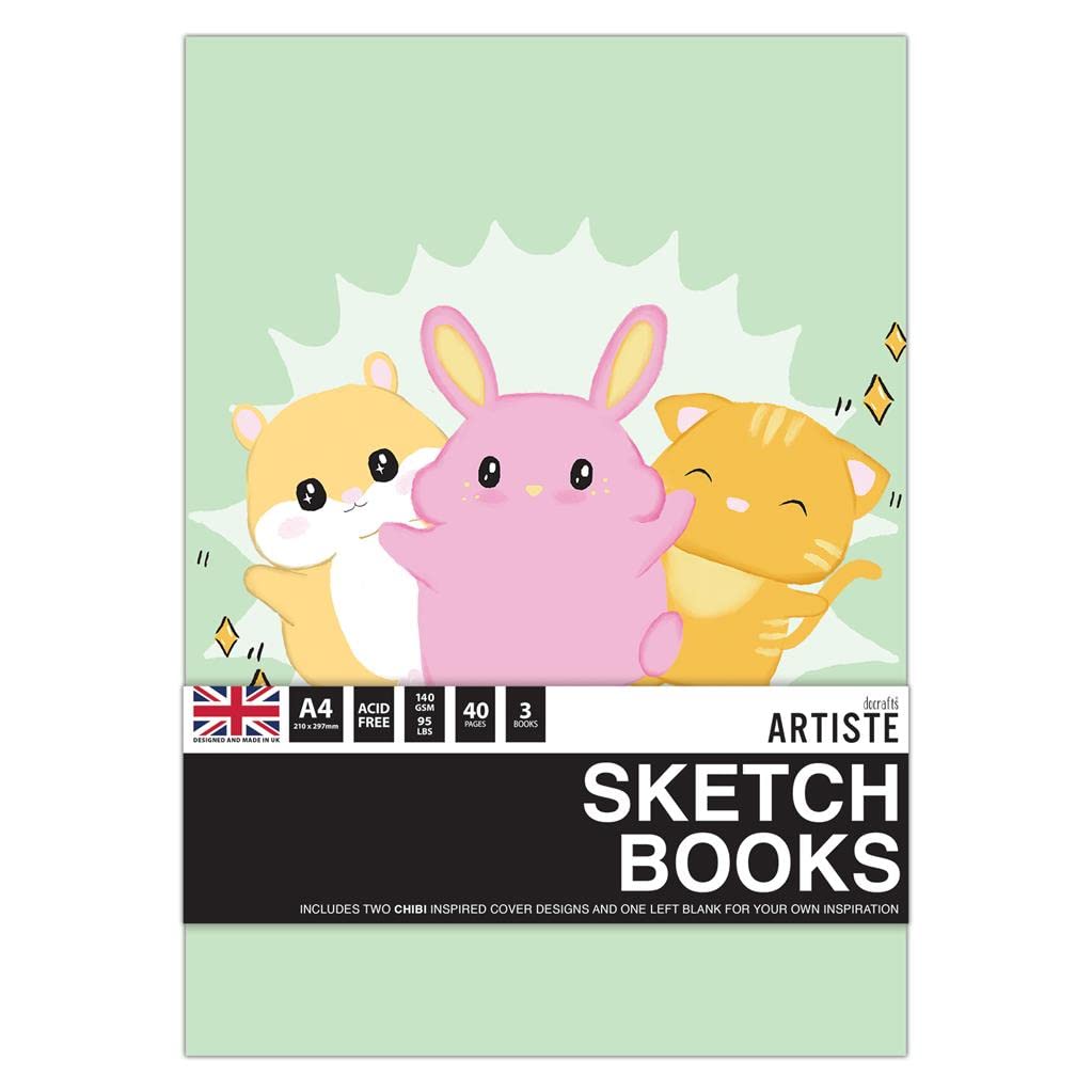 Docrafts Artiste A4 Sketchbooks, Chibi Notebooks, Pack of 3, for Drawing Sketching, Doodling