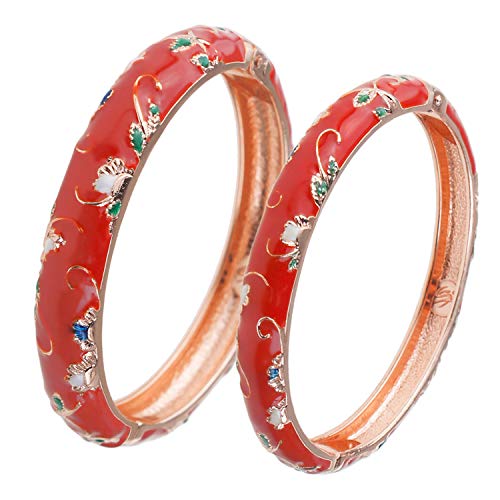 UJOY Fashion Cloisonne Bracelet Gold Colorful Enameled Butterfly Metal Cuff Hinge Bangles Jewelry for Women Girls Gift 55B30 red