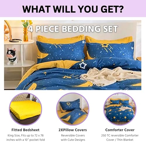 Image of Famyo King Size Bedsheet Set with 2 Pillow Covers, 250 TC Fitted Bedsheet & Comforter Cover (4pc Set) - Home Decor, 72x78 inches Kids Bed Sheet, Cute Moon & Stars Design - Blue, Yellow | 4-Piece Set, 250 TC Fitted Bedsheet, Comforter Cover & 2 Pillow Covers, 72 x 78 in, Blue & Yellow Kids Bedding