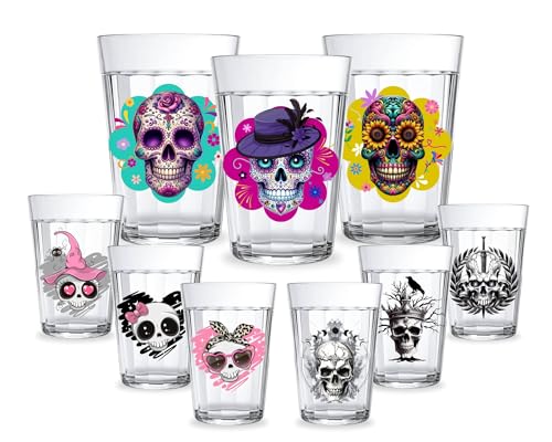 Kit 3 Copos Americanos Vidro Personalizados 190ml Decorado C/Caveiras Fofas, de Terror e Caveira Mexicana Presente Gótico Halloween Skull Cute