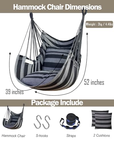 Image of Halalona Hammock Chair Hanging Hammock Chair Rope Swing 2 Cushions Included-Sturdy & Durable Soft Cotton Hand Woven Hammock Swing for Bedroom, Porch, Patio-Indoor /Outdoor