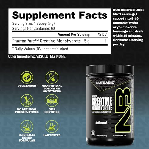 Image of NutraBio Pure Micronized Creatine Monohydrate Powder Supplement, Unflavored, (300 g) - Supports Bulk Muscle Energy, Recovery, and Strength - HPLC Tested Creatine Powder Supplement for Men and Women