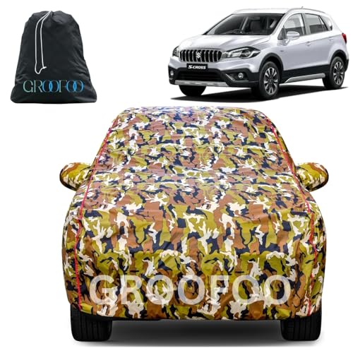 Image of GROOFOO Waterproof Car Body Cover with Mirror Pockets Compatible with Maruti Suzuki S-Cross | Triple Stitch Blue Piping Car Cover UV & Dust Proof All-Weather Protection (Army and Red)