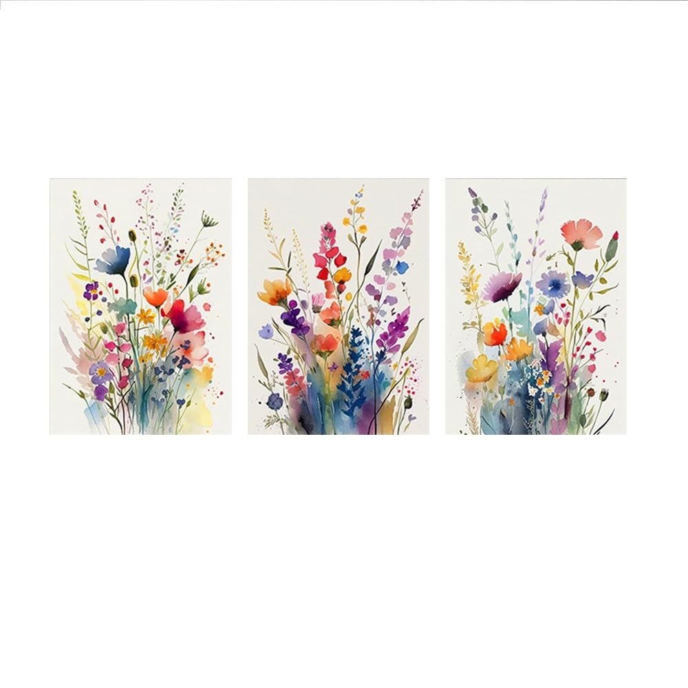SOBMQ Pictures-Abstract Watercolor Mix Flower Leaves Botanical Poster Wall Art Canvas Painting Wildflower Print Picture for Living Kitchen Room Decor-50 * 60cm-3PCS (No Frame)