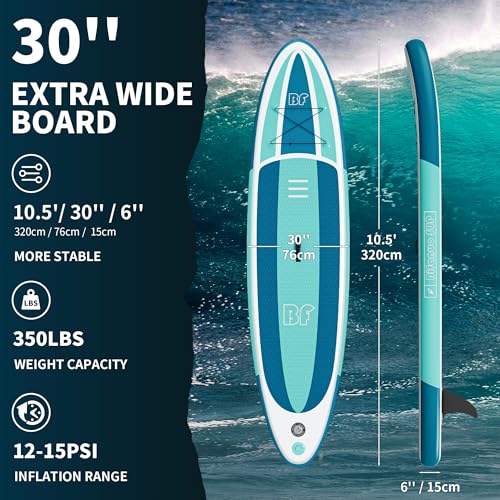 Bifanuo Inflatable Stand Up Paddle Board with SUP Accessories and Backpack Paddle Boards for Adults. Non-Slip Deck, Wide Stance, Bottom Fin, Double Action Pump