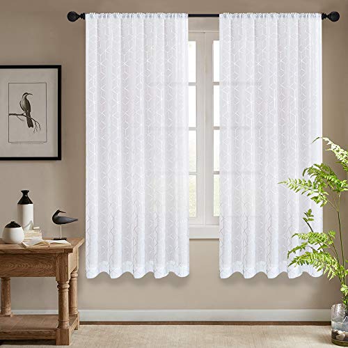 Vangao Foil Print Sheer Curtains White Voile 45 inches Long Window Curtain Bedroom