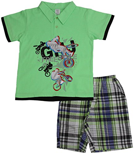 Image of ToBeInStyle Boys' 2-Piece Graphic Top & Plaid Shorts Outfit Set - Polo or V-Neck Tee