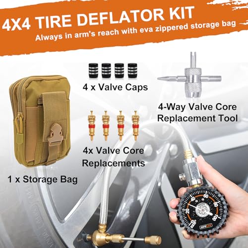 Image of Tire Deflator with Pressure Gauge (0-100psi) Adjustable Tire Air Down Tool - Large 2.5 inch Easy Read Glow Dial & Solid Brass Hardware - Rapid 4x4 Offroad Deflator Kit for Jeep, Truck or ATV
