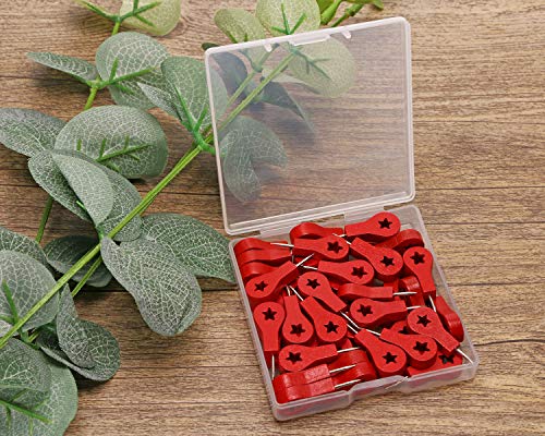 Tupalizy Creative Wood Push Pins Decorative Map Thumb Tacks For Travel Hanging Art Picture Photo Tapestry Painting Bulletin Cork Board Cubicle Wall Diy Craft Home School Office Use (Red Star, 40Pcs) #TOP4