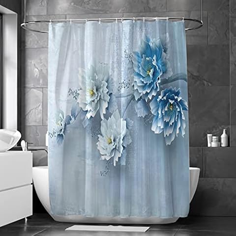Yasida Shower Curtain Blue Floral Decorative Bathroom Curtains Set with 12 Hooks Spring Blooming Flowers Waterproof Fabric Shower Curtain Set 72 x 72 inch Cover