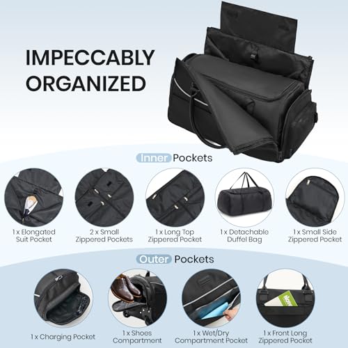 Fanwoli 3-in-1 Rolling Garment Bag for Travel, Wheeled Carry-On Luggage with Shoe Storage & Detachable Organizer, Convertible Duffel Bag for Men Women Business Trips Weekender, Wrinkle-Free