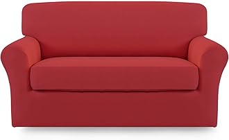 Easy-Going 2 Pieces Microfiber Stretch Sofa Slipcover – Spandex Soft Fitted Sofa Couch Cover, Washable Furniture Protector with Elastic Bottom Kids, Pet (Loveseat, Christmas Red)