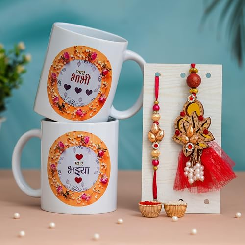 Image of Rakhi Gift for Brother and Bhabhi with 2 Printed Ceramic Mug 325 ML, Lumba Rakhi Set, Greeting Card and Tilak Set Combo for Bhaiya Bhabhi (WPM-2)