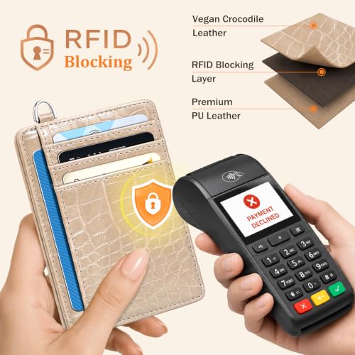 Image of Coco Rossi Crocodile Wallet Women Slim Credit Card Holder with Keychain | Luxury Wallets, Alligator Print, RFID Blocking, ID Case, Small Minimalist, Womens Girls Gift, Sand Beige Croc