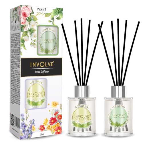 Image of Involve Pura Reed Diffuser Set (Pack of 2) - Lemongrass & Citronella - 120 ml | Oil Diffuser with Free 10 Reed Sticks | Room Freshener for Home, Bedroom | Gifts Set | New Home Gift Items Useful