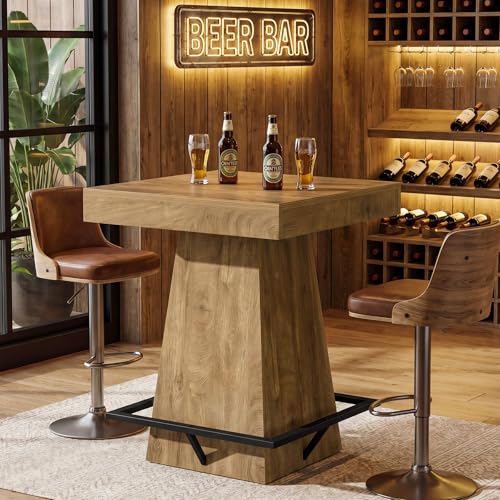 Image of Tribesigns Square Bar Table, 80 x 80 x 95 cm, Pub Tables with Metal Footrest, Industrial Breakfast Bar Table for Kitchen, Dining Room, Home Bar, Bistro, Café, Light Brown