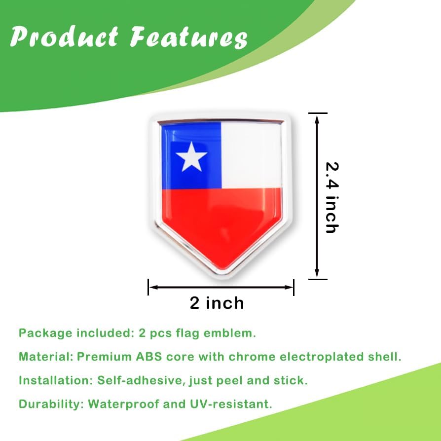 Newperlite Chile Flag Decal Sticker Car Emblem Chilean Flag Car Decoration Accessories Chrome Shield for Truck Vehicles Cars, 2 Pack - Image 2