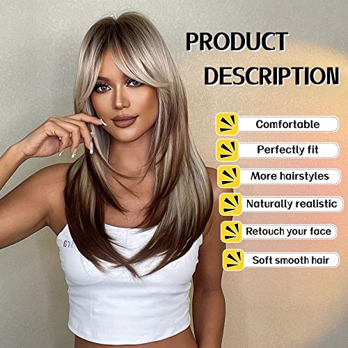 Haircube Ombre Blonde Wigs With Bangs,Long Layered Wigs Blonde Brown End Highlight Wig For Women,Shoulder Length Wigs Synthetic Wigs For Daily Party 24In… #TOP1