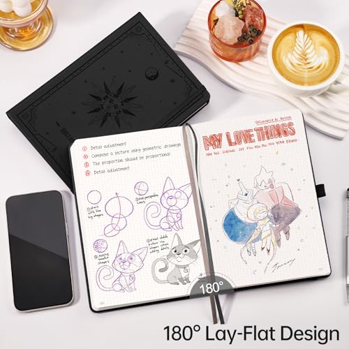 Image of EMSHOI Dotted Journal Notebook, 192 Pages, A5 Size (5.7'' x 8.3'') | Leather Hardcover, 100 GSM Thick Paper, for Journaling, Planning, Tracking & Sketching, Sun Debossed (Black)