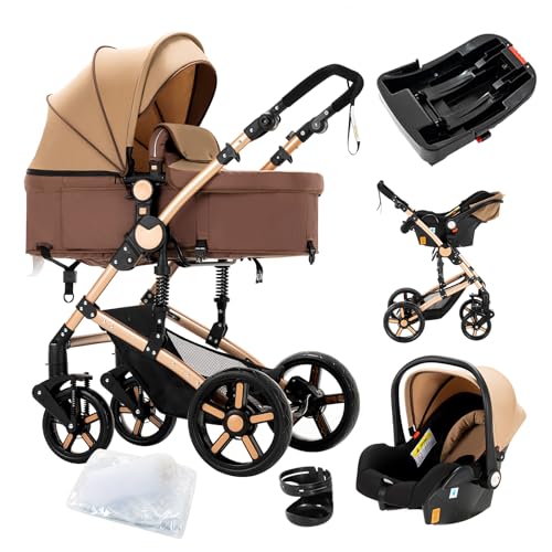 Image of 3 in 1 Baby Travel System Reversible Baby Stroller Pushchair Portable Baby Standard Pram Buggy Baby Carriage Foldable Luxury Baby High Landscape Pram for Toddler Newborn (UD588-Khaki with Base)