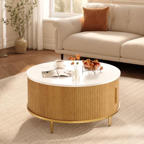 Image of Mid Century Fluted Round Coffee Table for Living Room, Oak | 31.5 inch Modern Coffee Table with Storage, Small Center Table with Flip-Top
