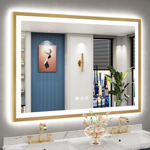 Image of 50x36 Gold Beveled LED Bathroom Mirror Backlit & Front Lit Anti-Fog | Brushed Gold Framed, Anti-Fog Lighted Vanity Mirror, Dimmable, 3-Color Light, Memory, CRI95, HD Tempered Glass, UL Listed