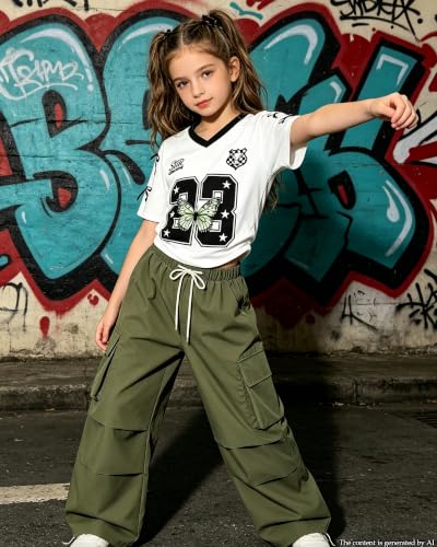 Image of Betusline Girls 2 Piece Summer Outfits,Kids Casual Short Sleeve Crop Top & Cargo Jogger Pants Sets,4T-14Y