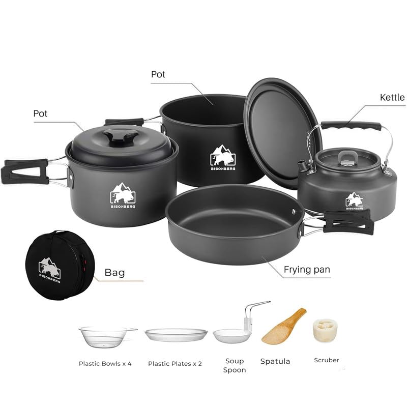 Image of BISONBERG 11 Pcs Cookware Set, Mess Kit, Accessories for Outdoor Camping, Utensils with Carry Bag, Bowl Pot Pan Set - Nonstick Aluminum - for 4-5 People