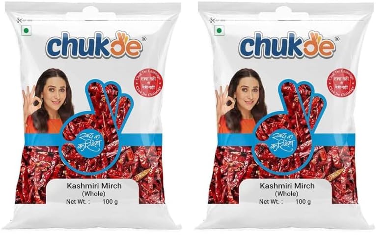 Image of CHUKDE Kashmiri Lal Mirch Sabut, Chilli Stemless Whole Spices, (Pack Of 2) 100 Gram