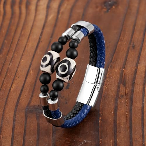 Mens Leather Bracelet Black Onyx Protection Healing Stone Bead Bracelet for Men Stainless Steel Evil Eye Clasp Cuff Bracelets Jewelry2