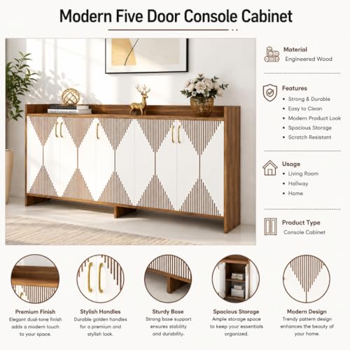 Image of Spyder Craft Mid-Century Modern 5-Door Sideboard Buffet - Geometric Diamond Pattern Credenza with Gold Hardware & Tapered Legs - Large Wood Storage Cabinet for Living Room, Dining Room