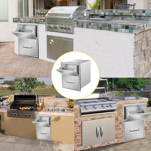 Image of Outdoor Kitchen Drawers with Paper Towel Holder 16 inch W x 20 inch H x 20 inch D Flush Mount BBQ Drawers with Chrome Handle,Stainless Steel Built-in Double Access Drawers for Outdoor Kitchen Island