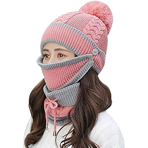 Women Girls 3-in-1 Warm Hat Scarf and Mask Set Winter Warm Knitted Hat and Circle Scarf Ski Hat and Neck Scarf Set Beanie Hat Big Pom Pom Beanies Balaclava Snood Neck Warmer Face Cover Fleece Lined Cover