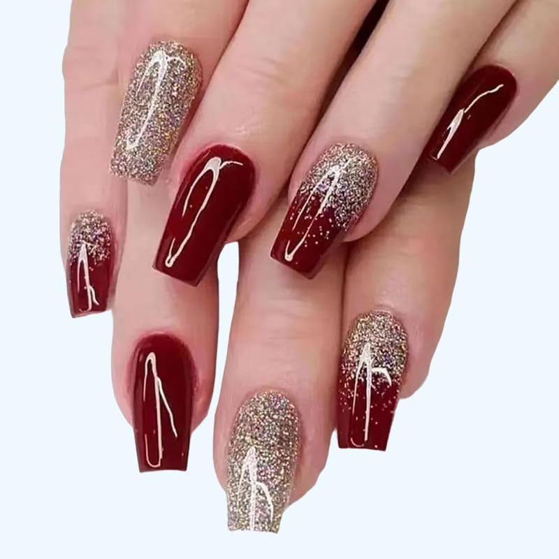 Set of 24 Artificial Reusable Nails in Half Red Half Golden Design With Glue