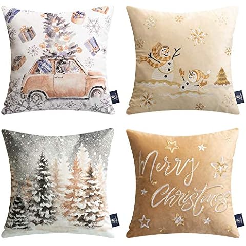 Phantoscope Set of 4 Merry Christmas Decorative Print and Embroidery Velvet Throw Pillow Covers Snowman, Star, Snowflake, Tree Cushion Cover, Beige, 18 x 18 inches, 45 x 45 cm Cover