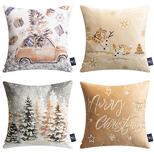 Phantoscope Set Of 4 Merry Christmas Decorative Print And Embroidery Velvet Throw Pillow Covers Snowman, Star, Snowflake, Tree Cushion Cover, Beige, 18 X 18 Inches, 45 X 45 Cm #TOP3